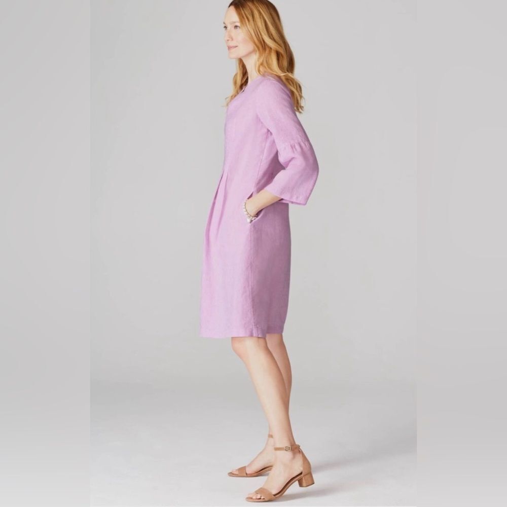 J. Jill Love Linen Blue Dress Bell Sleeves Deep Slid Front sz L Natural Coastal - Picture 3 of 11
